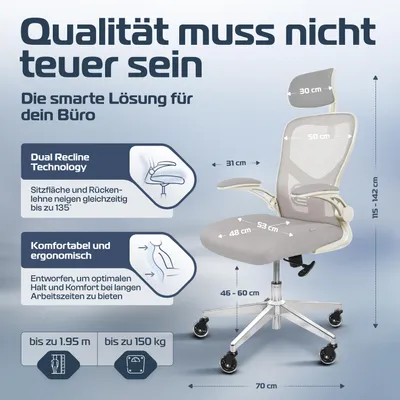 Produktbild von CLOUVO SmartSeat Cremeweiß Bürostuhl, ergonomischer Schreibtischstuhl, Chefsessel, Gaming Stuhl, Drehstuhl 150 kg - individuell einstellbar