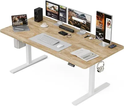 Produktbild von Höhenverstellbarer Schreibtisch 140 x 80 cm, Elektrisch mit 2 Memory-Funktionen, Ergonomischer Steh-Sitz Tisch, Gaming Tisch mit Vierteilige Tischplatte, Eiche
