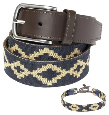 Produktbild von Eleganter Leder-Gürtel mit passendem Armband, Blau-Beige