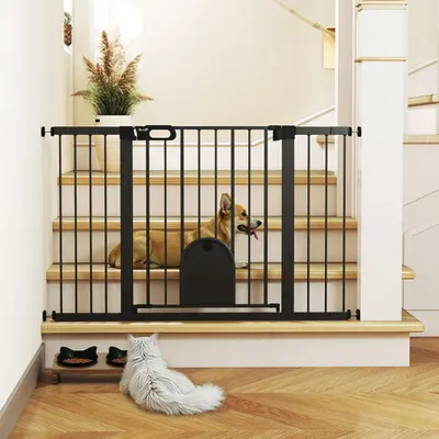 Produktbild von Absperrgitter Haustiere, Treppenschutzgitter Hunde Katzen, Schutzgitter mit Tür, Schwarz | 75–131 cm breit | Stahl | Auto-Close