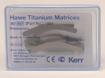 Productafbeelding van KerrHawe SA: Titanium tandmatrices, biocompatibel, 0,030 mm, verpakking van 30 stuks