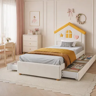 Obrázek produktu pro Dětská postel MODFU, rozměry 90 x 200 cm, polstrovaná postelka ve tvaru domečku, postel pro mládež s 4 zásuvkami a čelem ve tvaru domu, čalouněná sametem, bez matrace, barva béžová