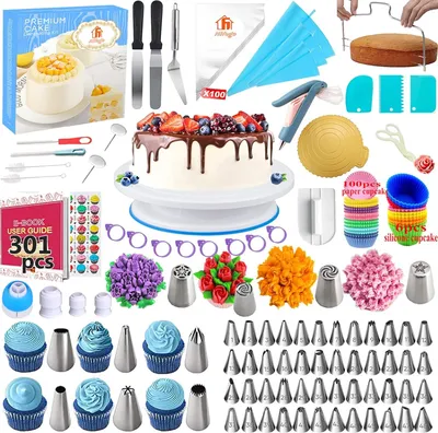 Produktbild von Professionelles Gebäckset 301-teilig, Tortendrehteller, Gebäcktüllen, Spritzbeutel, Tortendekorationssets zum Zuckerguss