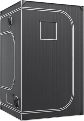 A dark gray grow tent with white trim, featuring vents and a window.