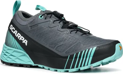Trailrunning-Schuhe "Ribelle Run GTX Wmn" von Scarpa in Schwarz und Türkis mit griffiger Sohle.