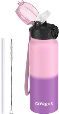 Image de Bouteille d'eau inoxydable de 600 ml/20 oz avec poignées, bouteille isotherme de sport, bouteille anti-fuites, bouteille d'eau avec poignées, bouteille isotherme, sans BPA, idéale comme bouteille de sport