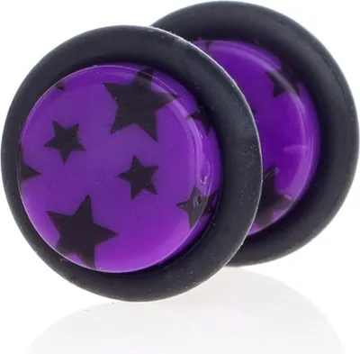 Produktbild von 1 Paar Ohrstecker Ear Fake Plug Acryl Schwarze Sterne Gummiring Motiv Lila FAES-8mm Ohrpiercing