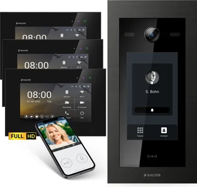 Produktbild von Balter EVO-HD Video Türsprechanlage mit Touchscreen, App, 1 Familienhaus, 3x 7 Zoll Monitor, Türklingel mit Kamera Full HD, 2 Draht Bus, schwarz
