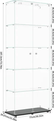 Obrázek produktu pro Vitrína s dvojitými dveřmi, 5 policemi, LED nebo dotykovým osvětlením – bezpečnostní sklo, moderní design, flexibilní mobilita a maximální úložný prostor