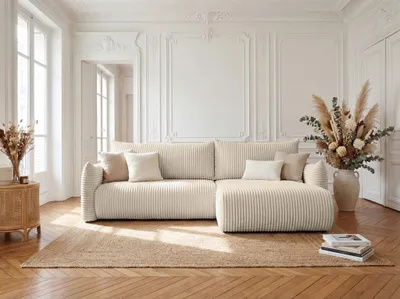 Productafbeelding van Eckbank met slaapfunctie, model MAILAND, bekleed met stof Tilia in de kleur ecru, met een chaise longue aan de rechterkant