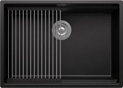 Produktbild von PRIMAGRAN Unterbauspüle Granit Schwarz 66x47cm, Spülbecken 1 Becken + Ablauf-Set + Aufrollbare Abtropffläche, Granitspüle ab 70er Unterschrank - Praga
