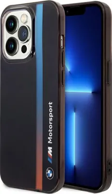 A black phone case with BMW Motorsport branding is shown on a black background, with a smartphone screen displaying a blue light effect.