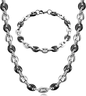 Productafbeelding van Halsketting en armband set voor heren, roestvrij staal, koffieboon design, verkrijgbaar in de maten 6/9/11 mm, kleuren: zilver/goud/zwart, lengtes: 51/56/61 cm