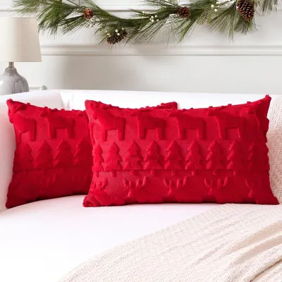 Productafbeelding van 2 stuks kussenhoezen, wollen pluche, rood, 40x60 cm, kerstboom, eland