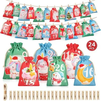 Obrázek produktu pro Adventní kalendář s 24 kapsami – Velké látkové sáčky – Vhodné k zavěšení jako vánoční dekorace – Ideální pro děti