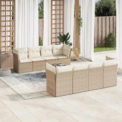Produktbild von Design 9-tlg. Garten-Sofagarnitur mit Kissen Beige Poly Rattan, Gartenmöbel-Sets 2024