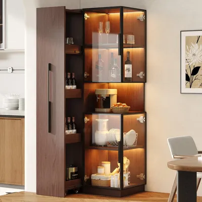 Produktbild von Vitrinenschrank Walnuss 70x38x160 cm mit LED, Doppelglas-Türen & Ausziehregal, multifunktionaler Hochschrank