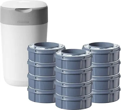 A diaper pail and refill cartridges are displayed against a white background.