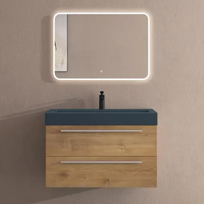 Produktbild von doporro Badmöbel-Set Waschbeckenunterschrank mit Soft-Close in Kerneiche 90x48x60cm Waschplatz komplett Set inkl. Mineralguss-Waschbecken in matt Anthrazit und Led-spiegel Quadratto