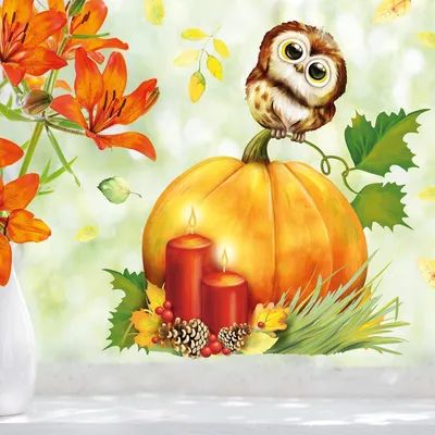 Productafbeelding van Vensterdecoratie herfst, fruit, herfstbladeren, pompoen met uil, Halloween, kleurrijk, herbruikbare raamstickers, kinderkamer, baby, kind, 1 A4 vel