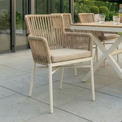 Produktbild von Gartenstuhl AFUERA 6er Set, weiß/champagner - Balkonstühle mit Sitzkissen, Terassenstühle aus Aluminium, wetterfest [max. Belastbarkeit 120 kg]