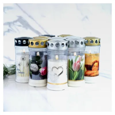 Produktbild von 10er Sets HOFER GRABKERZEN 4 Tage Brenndauer - Das Original Trauerkerzen mit Deckel | Grablicht, Friedhofskerze mit Motiv und Spruch | Kerzen für Grabdeko, Grabschmuck