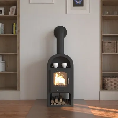 A black wood-burning stove with a fire burning inside, placed in a room with bookshelves on either side.