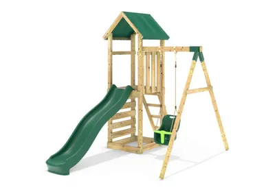 Produktbild von REBO Abenteuer Klettergerüst mit Holz- und Babyschaukel inkl. Rutsche aus Holz Spielturm Satteldach