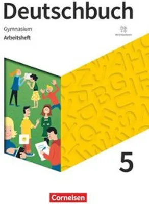 Cover of a German language textbook for Gymnasium students, featuring illustrations of students and a background of letters.