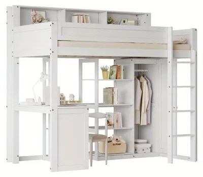 Immagine prodotto di Letto a soppalco 90x200 cm - Letto a castello con scrivania e armadio - Letto bianco per bambini e adolescenti