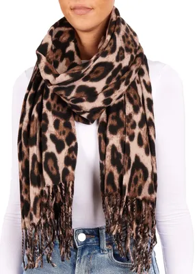 Produktbild von BRUBAKER Cashmirillo Damen Schal mit Leoparden Muster - 70 x 200 cm - Warm und Oversized - Leo Wollschal für Winter - Winterschal, Beige Schwarz