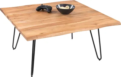 Produktbild von Couchtisch Baumkante massiv Akazie natur 80 x 80 Hairpin-Gestell schwarz NOAH