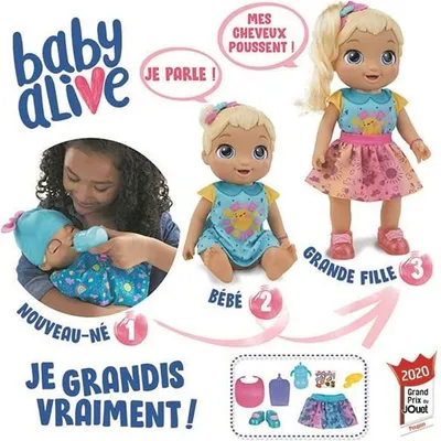Obrázek produktu pro (G1) Baby Alive, Baby Grows Up (Happy), Happy Hope nebo Merry Meadow, mluvící rostoucí panenka, s doplňky s překvapením (FR verze)