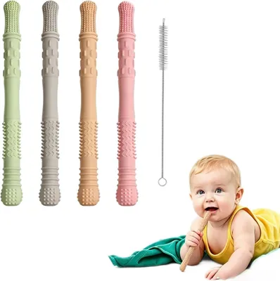 Produktbild von 4er-Set Silikon-Zahnungshilfen für Babys, BPA-freie Beißröhrchen und Kaustangen zur Linderung von Zahnfleischschmerzen