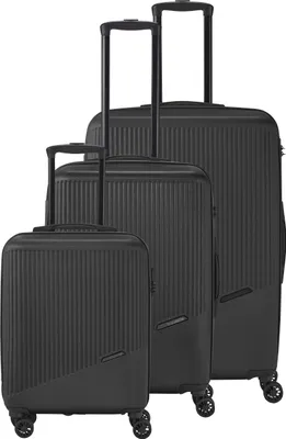 Three black suitcases of varying sizes are arranged in a row against a white background.