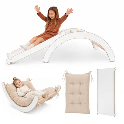 Productafbeelding van MAMOI® Binnenklimtoestel 3-in-1 SET. Montessori klimboog met kussentjes, binnenspeelplaats voor kinderen van 1-3 jaar en een glijbaan.