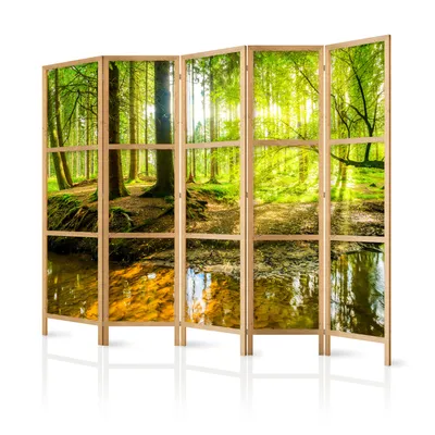 Produktbild von Paravent XXL 225x171 cm 5-teilig einseitig eleganter Sichtschutz Raumteiler Trennwand Raumtrenner Holz Design Motiv Deko Home Office  Wald Botanik Natur c-B-0183-bh-c