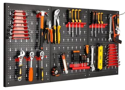 Zdjęcie produktu dla Panel narzędziowy, metalowy, czerwony, 3-częściowy, wymiary 118x59,5x2 cm, z 17 haczykami