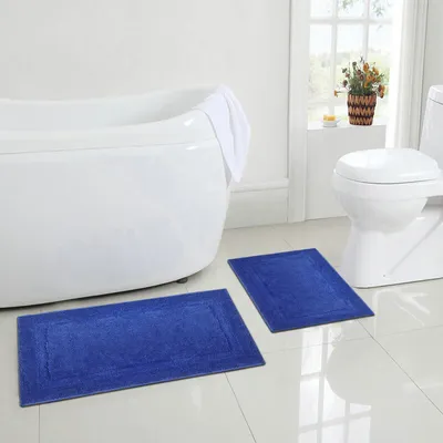 Image de Set de tapis de bain en mousse à mémoire de forme 2 pièces - set de tapis de bain antidérapant, absorbant et doux - tapis de bain lavable à séchage rapide - bleu