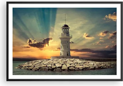 Produktbild von Gerahmtes Poster - Schwarzer Rahmen - Leuchtturm Wasser Meer Steine - 91,5x61 cm - Wand Bild - Wanddeko - Wandbilder - Wandposter - Bilderrahmen - Bilder - Kunstdruck - Wandbild - P2BAA91x61-2895