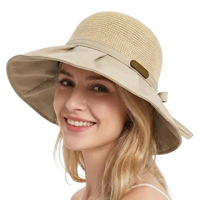 Imagen del producto de Sombrero de verano para mujer, plegable, con ala ancha, protección UV, color beige, ligero y transpirable