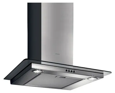 A stainless steel kitchen range hood with a glass canopy.