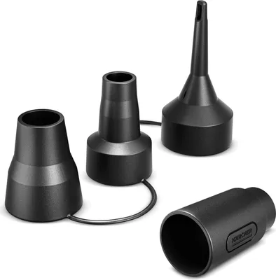 A set of black plastic adapters for a Kärcher device, arranged on a white background.