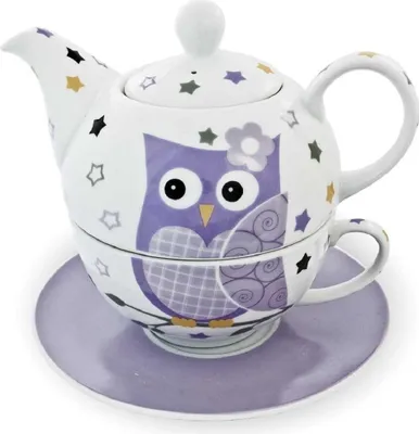 Produktbild von Teekannen-Set Teekanne Tasse Untersetzer Eule Porzellan lila