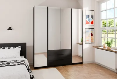 Obrázek produktu pro BEAUTYSOFA Šatní skříň s výklopnými dveřmi KAYA XIV 200 cm, skříň s velkým zrcadlem a zásuvkami (barva: černá)