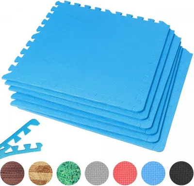 A stack of blue interlocking foam mats with a few smaller pieces and color swatches shown below.
