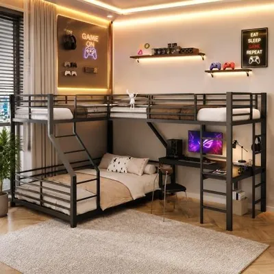 Zdjęcie produktu dla Metalowe łóżko piętrowe z 3 miejscami do spania, wyposażone w porty USB i Type-C na biurku, bez materaca, rozmiary: 90x200cm, 140x200cm, kolor czarny