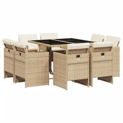 Produktbild von 9-tlg. Garten-Essgruppe mit Kissen Beige Poly Rattan