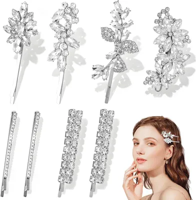 Image de Pinces à cheveux ornées de strass, lot de 8, couleur argent, idéales pour les mariages