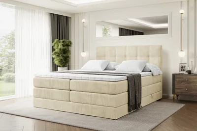 Produktbild von ALTDECOR Boxspringbett mit 2 Matratzen und Topper - 120x200 cm - MARCE KING - Beige Samt - Polsterbett mit, H3- und H4- Matratzen, Bettkasten und Lattenrost, Bett mit Stauraum